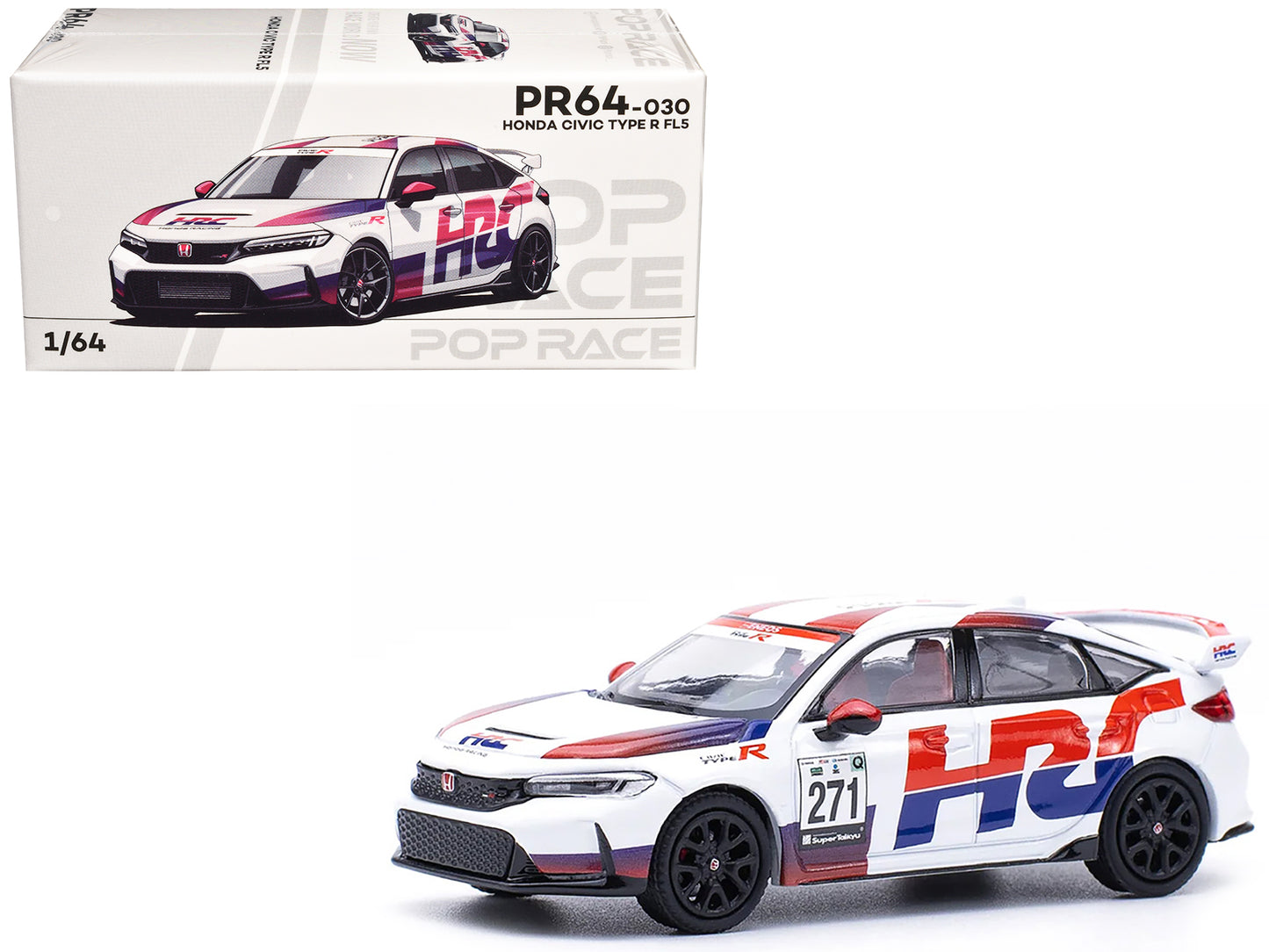 Honda Civic Type R FL5 "HRC - Honda Racing" White with Graphics 1/64 Diecast Model Car by Pop Race - Use code SHOPAPP15 to get 15 percent off