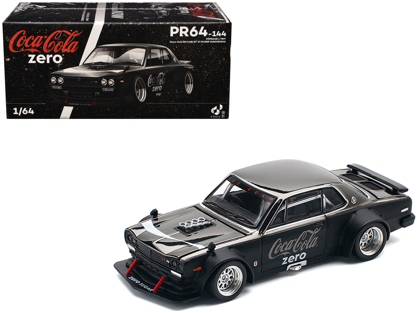 Skyline GT-R V8 Drift "Hakosuka" RHD (Right Hand Drive) "Coca-Cola Zero" Dark Chrome and Black 1/64 Diecast Model Car by Pop Race