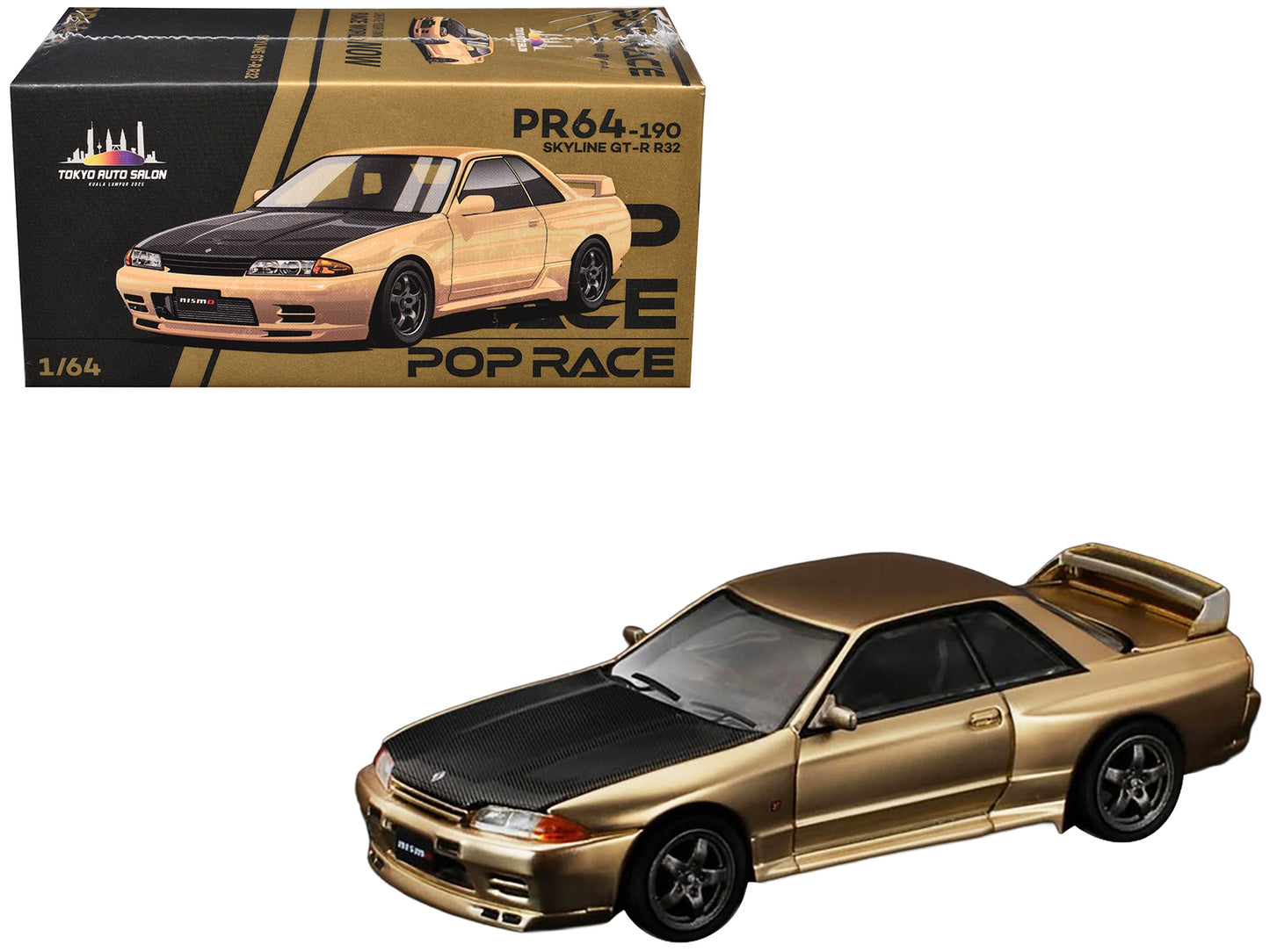 Skyline GT-R R32 RHD (Right Hand Drive) Chrome Gold with Carbon Hood "Tokyo Auto Salon 2025" 1/64 Diecast Model Car by Pop Race