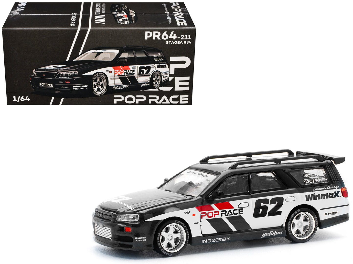 GT-R Stagea RHD (Right Hand Drive) #62 "Simon's Garage" Black with White Sides 1/64 Diecast Model Car by Pop Race - Use code SHOPAPP15 to get 15 percent off