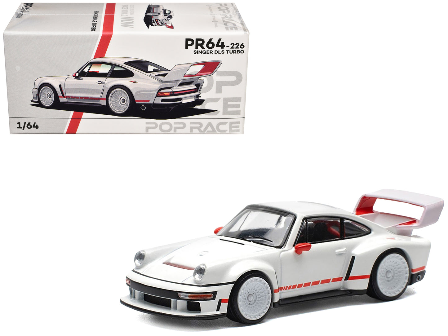 Singer DLS Turbo White with Red Stripes 1/64 Diecast Model Car by Pop Race