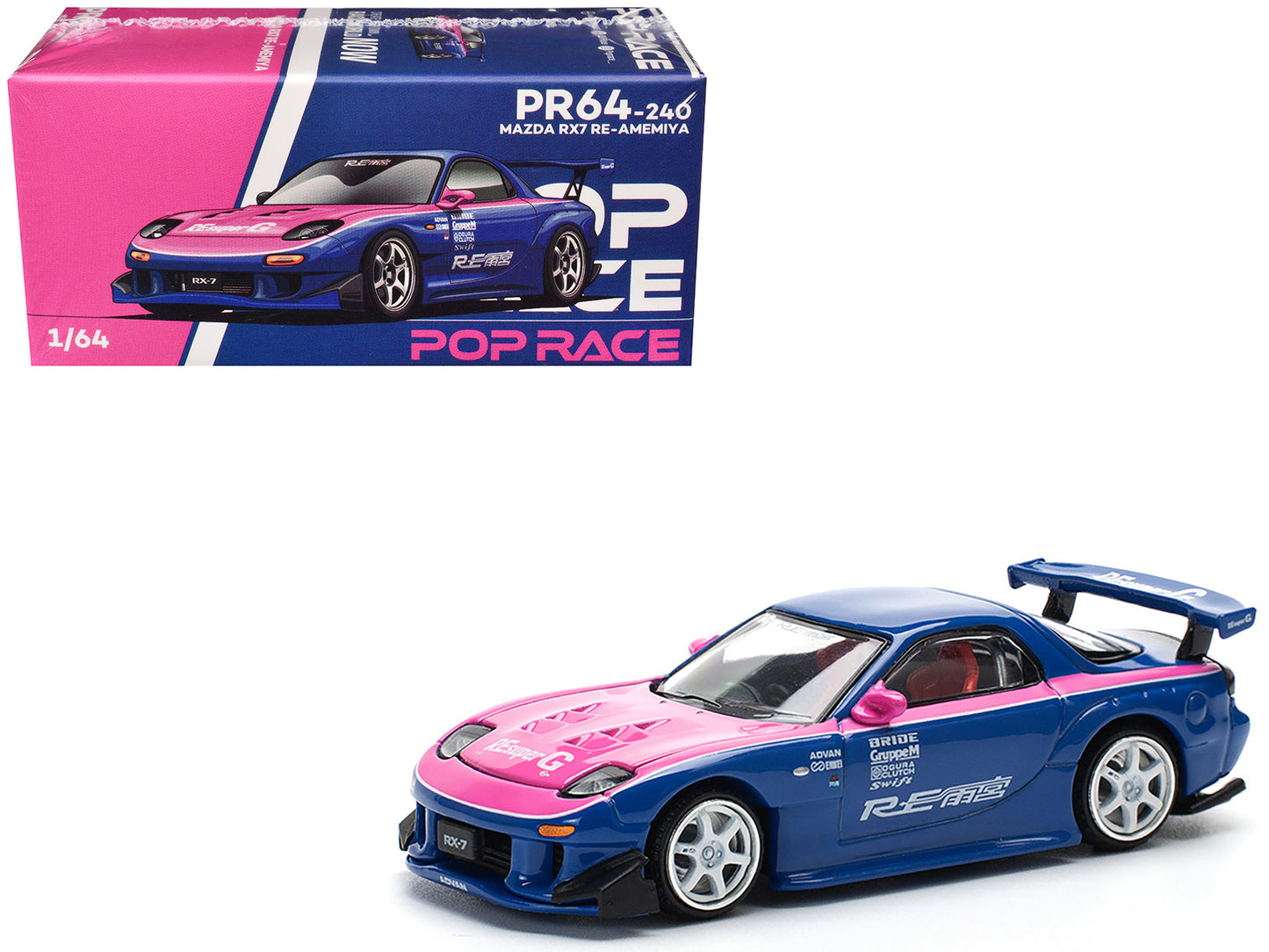 Mazda RX-7 RE-Amemiya Widebody RHD (Right Hand Drive) Blue with Pink Hood and Stripes 1/64 Diecast Model Car by Pop Race