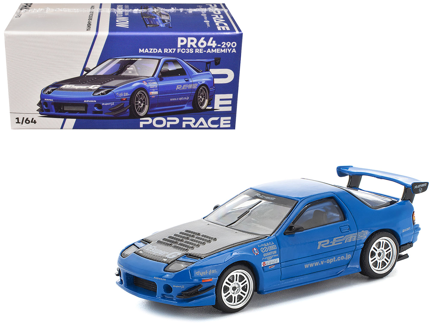 Mazda RX7 (FC3S) RE Amemiya RHD (Right Hand Drive) Blue Metallic with Carbon Hood 1/64 Diecast Model Car by Pop Race - Use code SHOPAPP15 to get 15 percent off