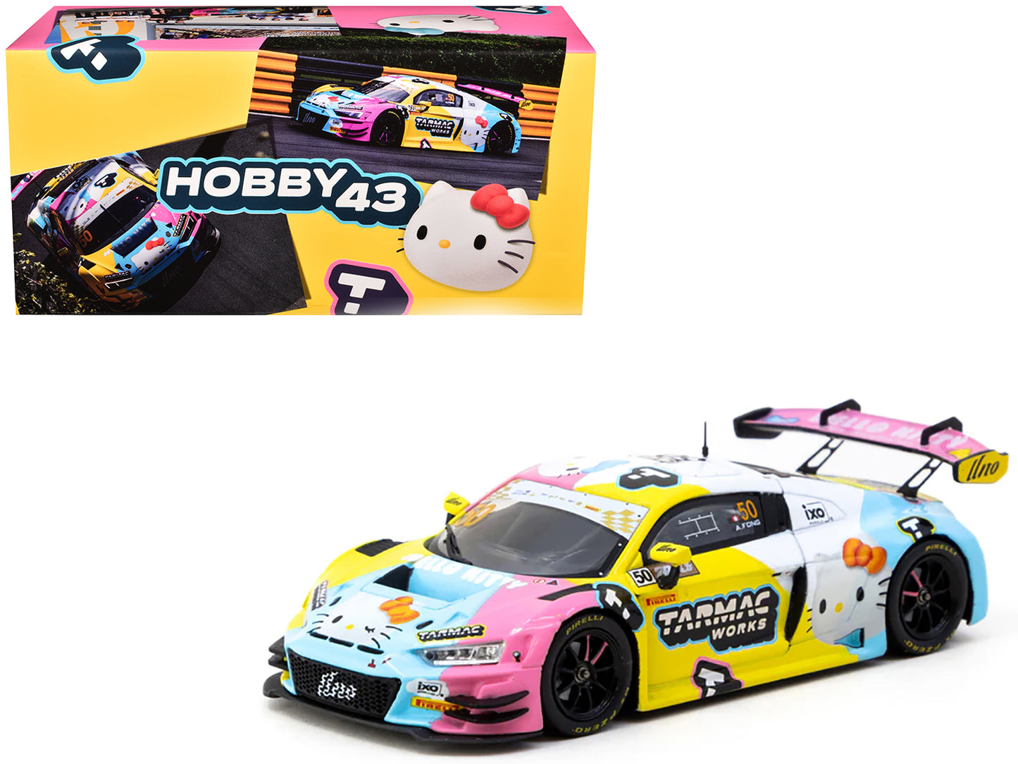 Audi R8 LMS GT3 Evo II #50 Adderly Fong "Macau GP Cup - Hello Kitty 50th Anniversary" "FIA GT World Cup" (2023) with Cards "Hobby43" Series 1/43 Diecast Model Car by Tarmac Works
