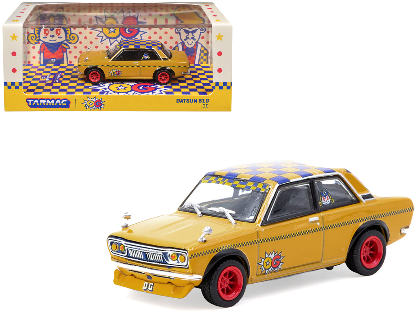 Datsun 510 "OG Beer" Yellow with Checkered Top "Hobby64" Series 1/64 Diecast Model Car by Tarmac Works - Use code SHOPAPP15 to get 15 percent off