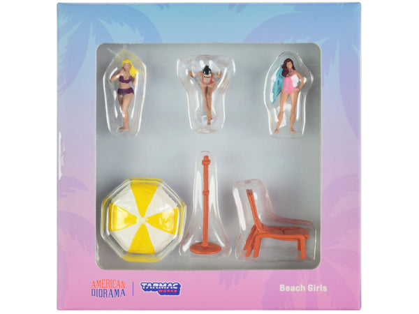 "Beach Girls" 5 piece Diecast Figure Set (3 Female Figures and 2 Beach Accessories) for 1/64 Scale Models by Tarmac Works & American Diorama "Beach Girls" 5 piece Diecast Figure Set (3 Female Figures and 2 Beach Accessories) for 1/64 Scale Models by Tarmac Works & American Diorama