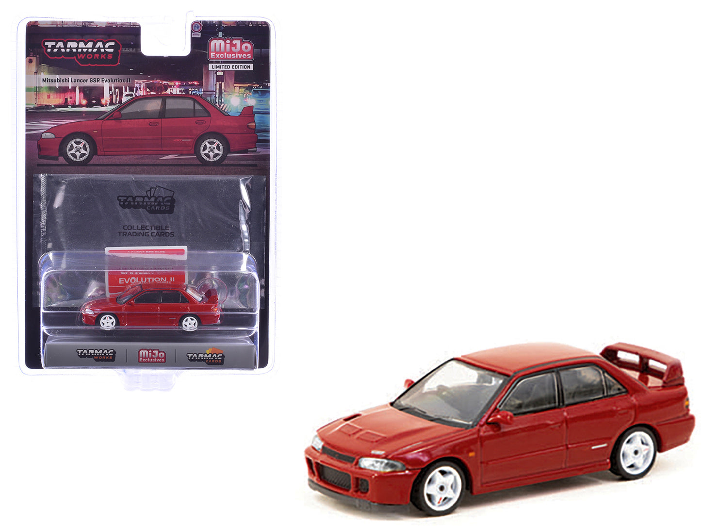 Mitsubishi Lancer GSR Evolution II RHD (Right Hand Drive) Red with Tarmac Cards "Global64" Series 1/64 Diecast Model by Tarmac Works - Use code SHOPAPP15 to get 15 percent off