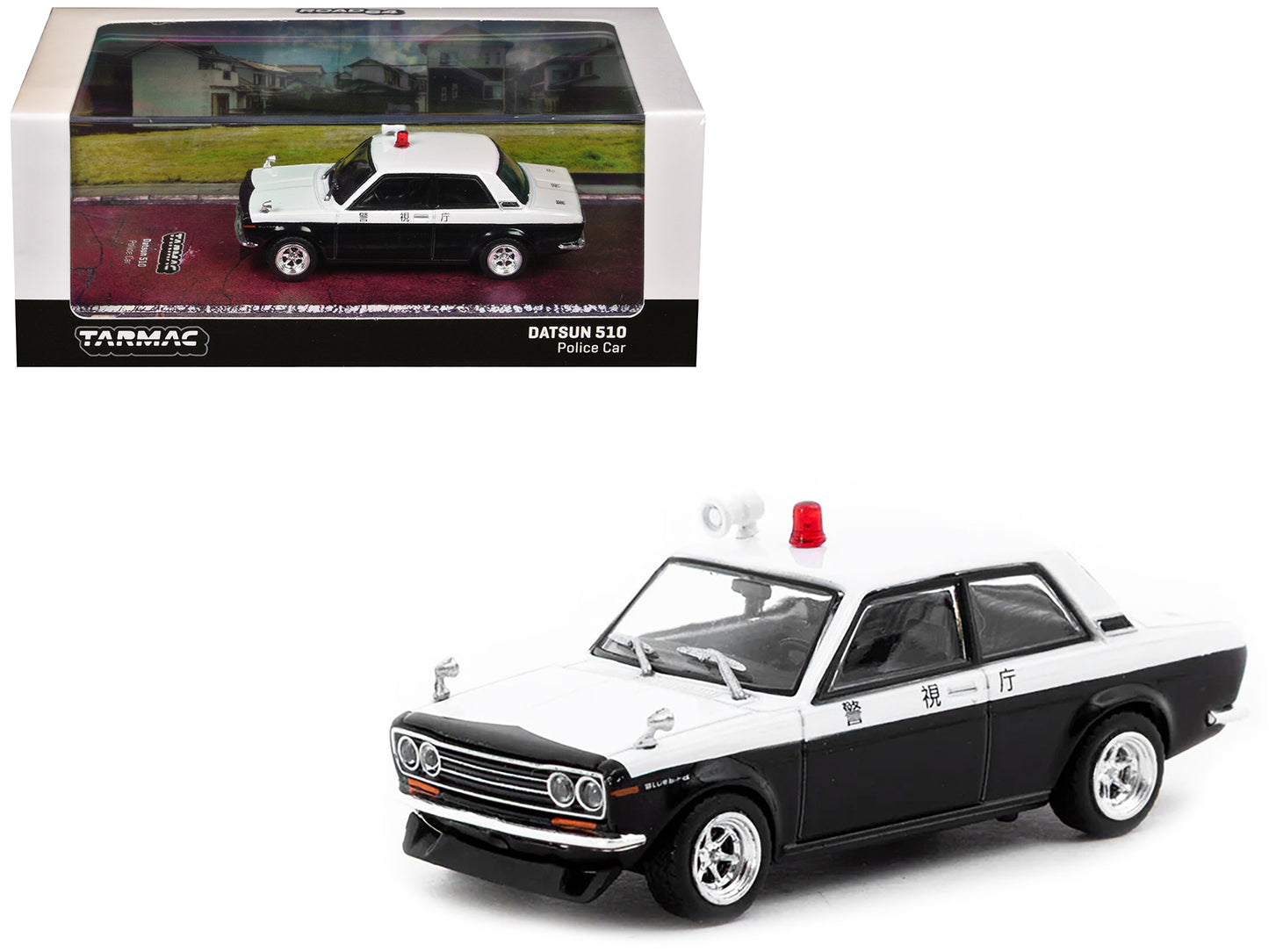 Datsun 510 "Japanese Police" Black and White "Road64" Series 1/64 Diecast Model Car by Tarmac Works - Use code SHOPAPP15 to get 15 percent off