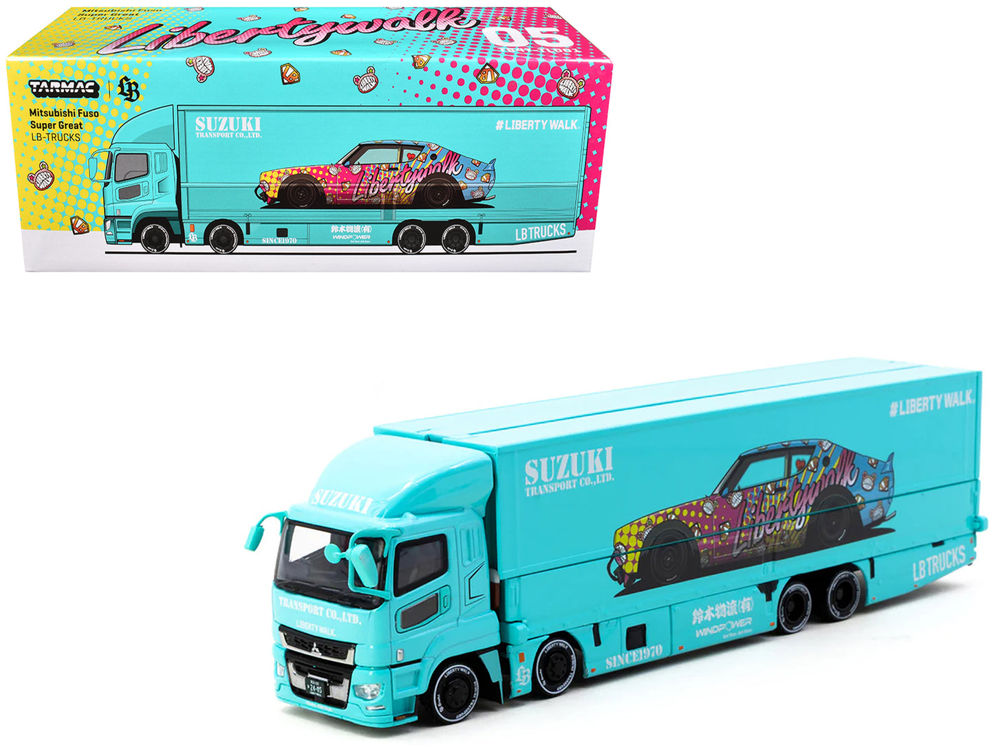 Mitsubishi Fuso Truck with Transporter "Liberty Walk - Suzuki Transport" Light Blue with Graphics "Truck64" Series 1/64 Diecast Model Car by Tarmac Works - Use code SHOPAPP15 to get 15 percent off