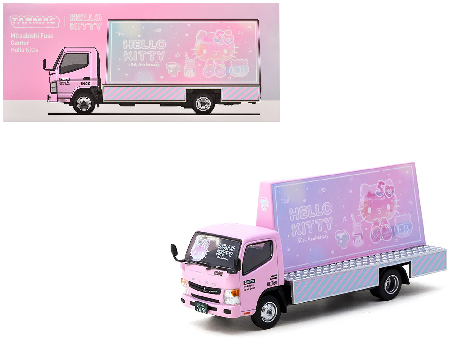 Mitsubishi Fuso Canter Mobile Ad Truck RHD (Right Hand Drive) "Hello Kitty" Pink with Graphics "Truck64" Series 1/64 Diecast Model Car by Tarmac Works - Use code SHOPAPP15 to get 15 percent off