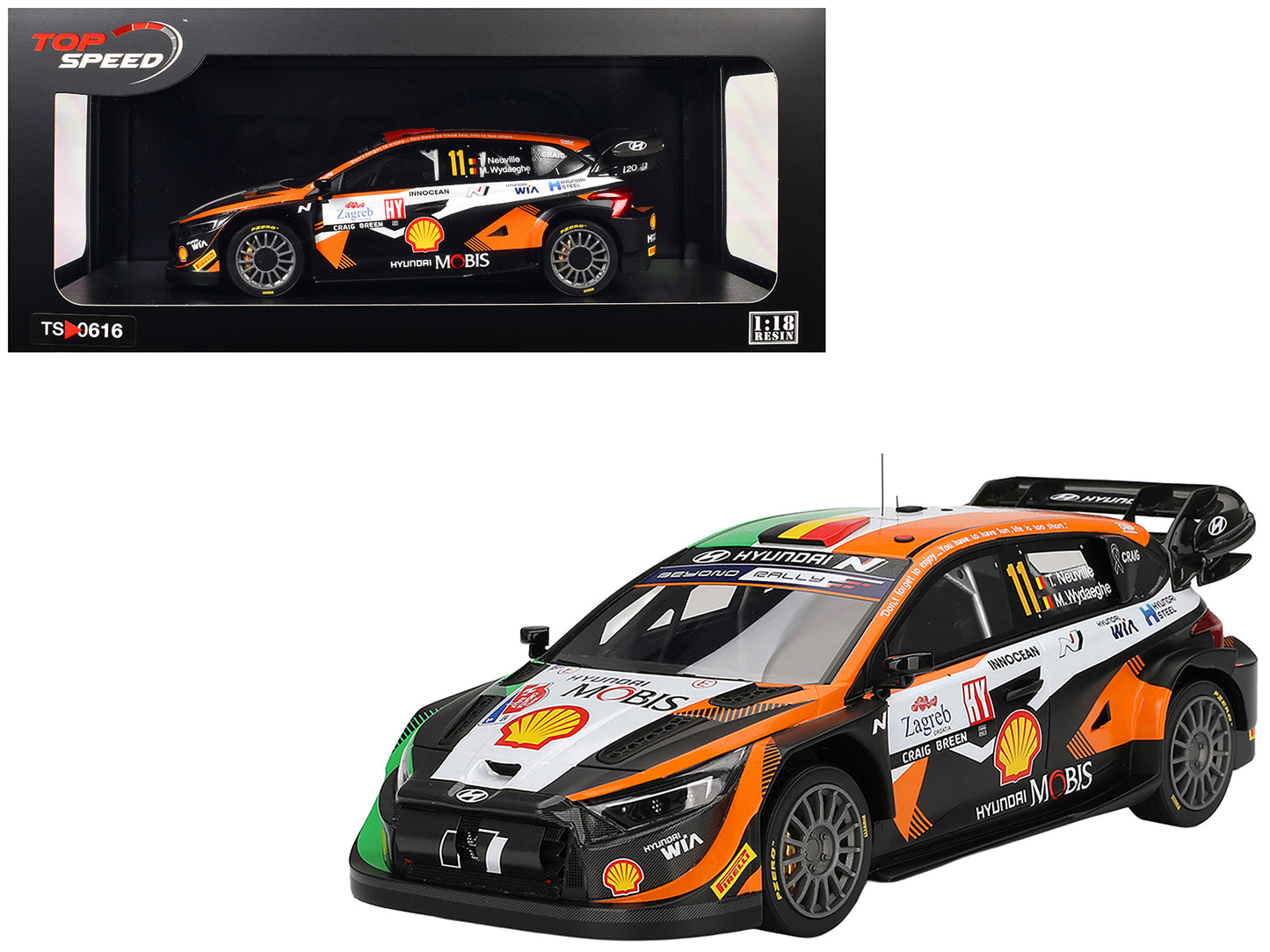 Hyundai i20 N Rally1 Hybrid #11 Thierry Neuville - Martijn Wydaeghe "Hyundai Shell Mobis WRT" Winner "Rally Croatia Power Stage" (2023) 1/18 Model Car by Top Speed