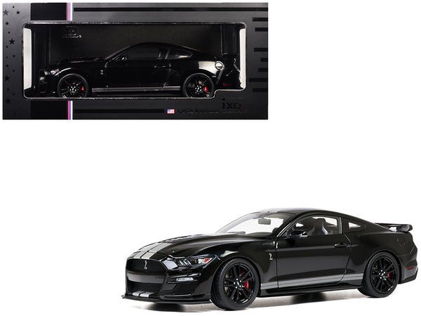 2022 Ford Mustang Shelby GT500 Black with Silver Stripes 1/18 Diecast Model Car by IXO Models 2022 Ford Mustang Shelby GT500 Black with Silver Stripes 1/18 Diecast Model Car by IXO Models