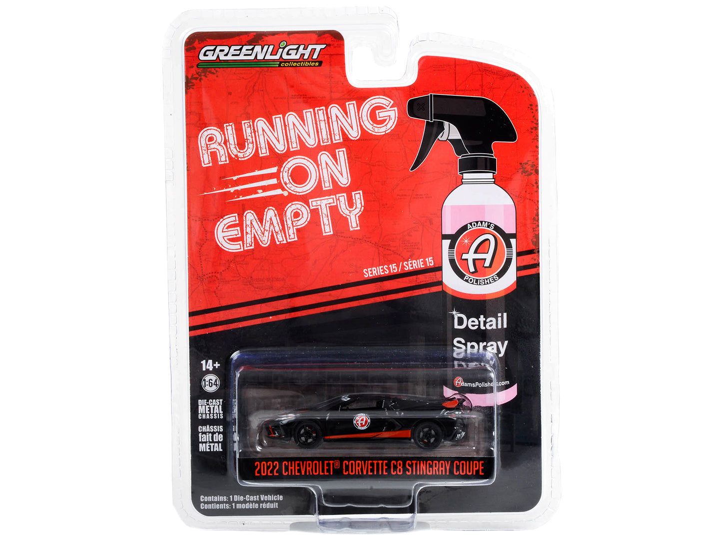 2022 Chevrolet Corvette C8 Stingray Coupe Black with Red Stripes "Adam's Polishes" "Running on Empty" Series 15 1/64 Diecast Model Car by Greenlight - Use code SHOPAPP15 to get 15 percent off