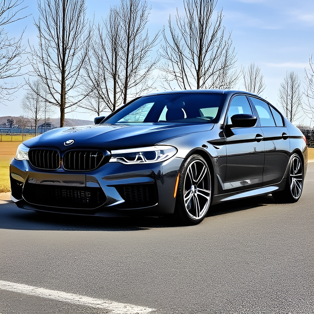 Blue luxury sedan parked outdoors, sleek design, modern BMW series with alloy wheels.