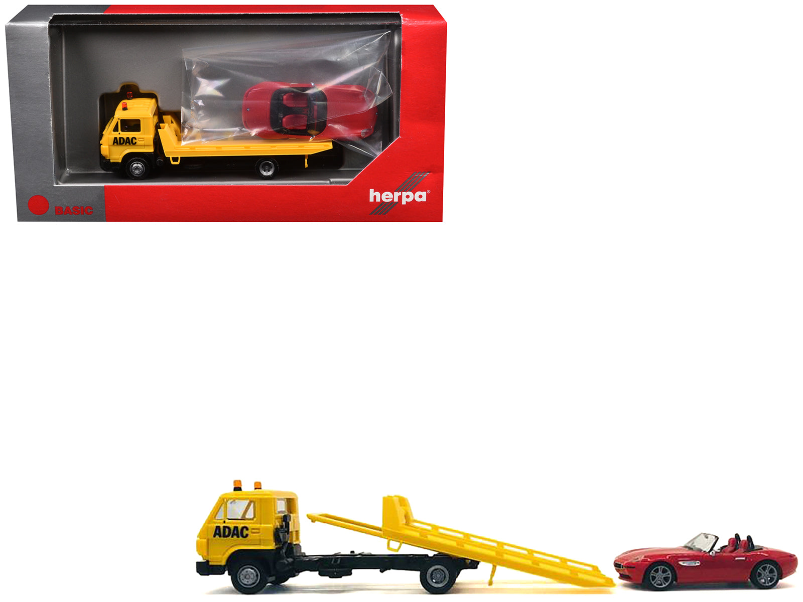 Flatbed Tow Truck "ADAC" Yellow and BMW Z4 Convertible Red Set of 2 pieces 1/87 (HO) Plastic Model Cars by Promotex free shipping USA