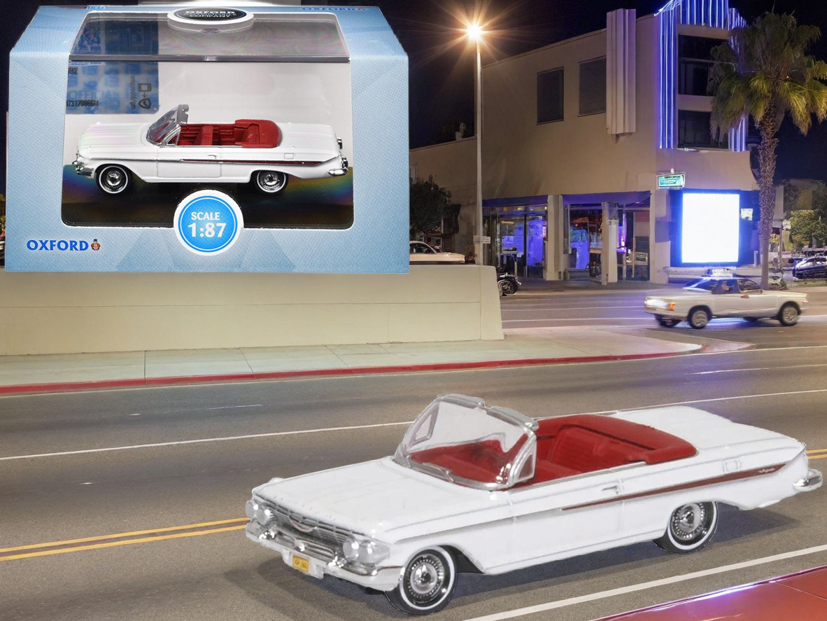 1961 Chevrolet Impala Convertible Ermine White with Roman Red Interior 1/87 (HO) Scale Diecast Model Car by Oxford Diecast