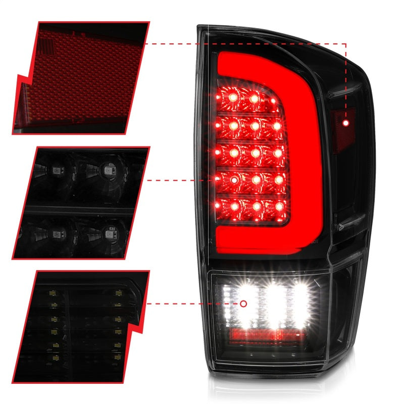 ANZO 16-21 Toyota Tacoma LED Tail Lights - w/ Light Bar Sequential Black Housing & Smoke Lens 311401