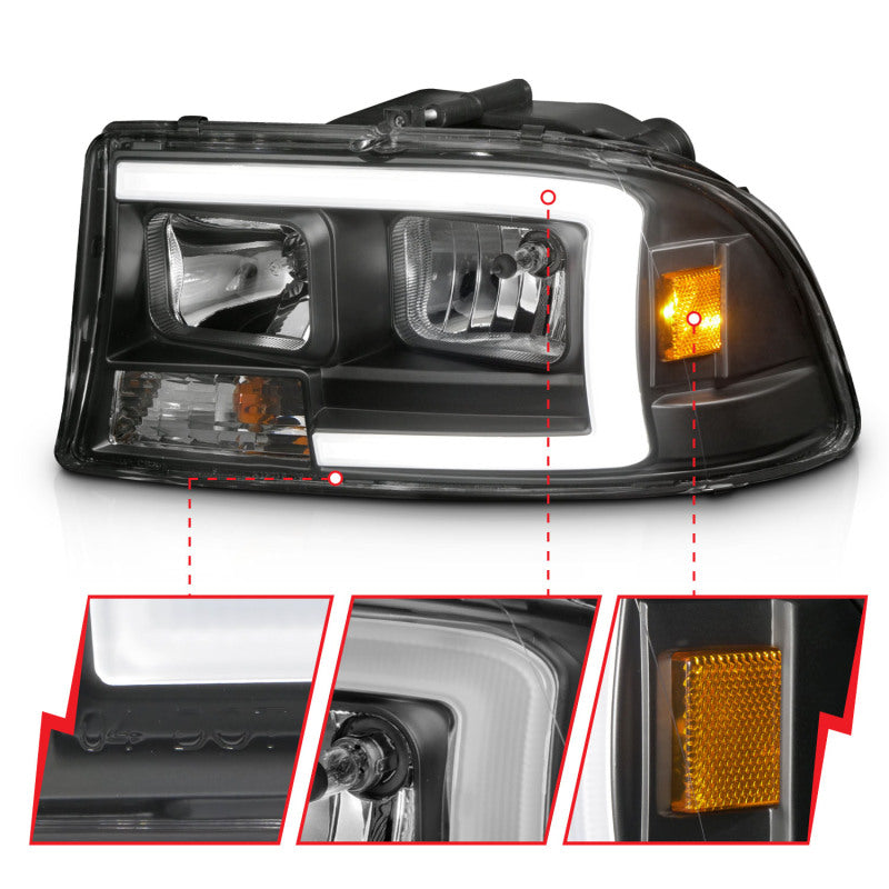 ANZO 97-04 Dodge Dakota/Durango Crystal headlight Set w/ Light Bar Black Housing 111591