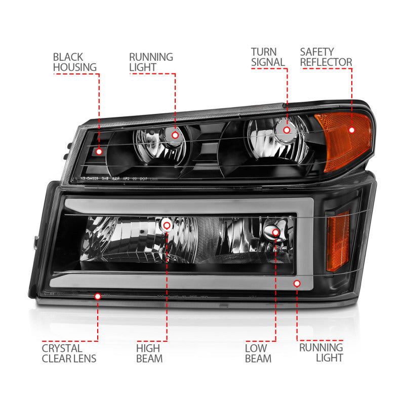 ANZO 04-12 GM Colorado/Canyon/I-Series Crystal Headlights - w/ Light Bar Black Housing 4pcs 111558
