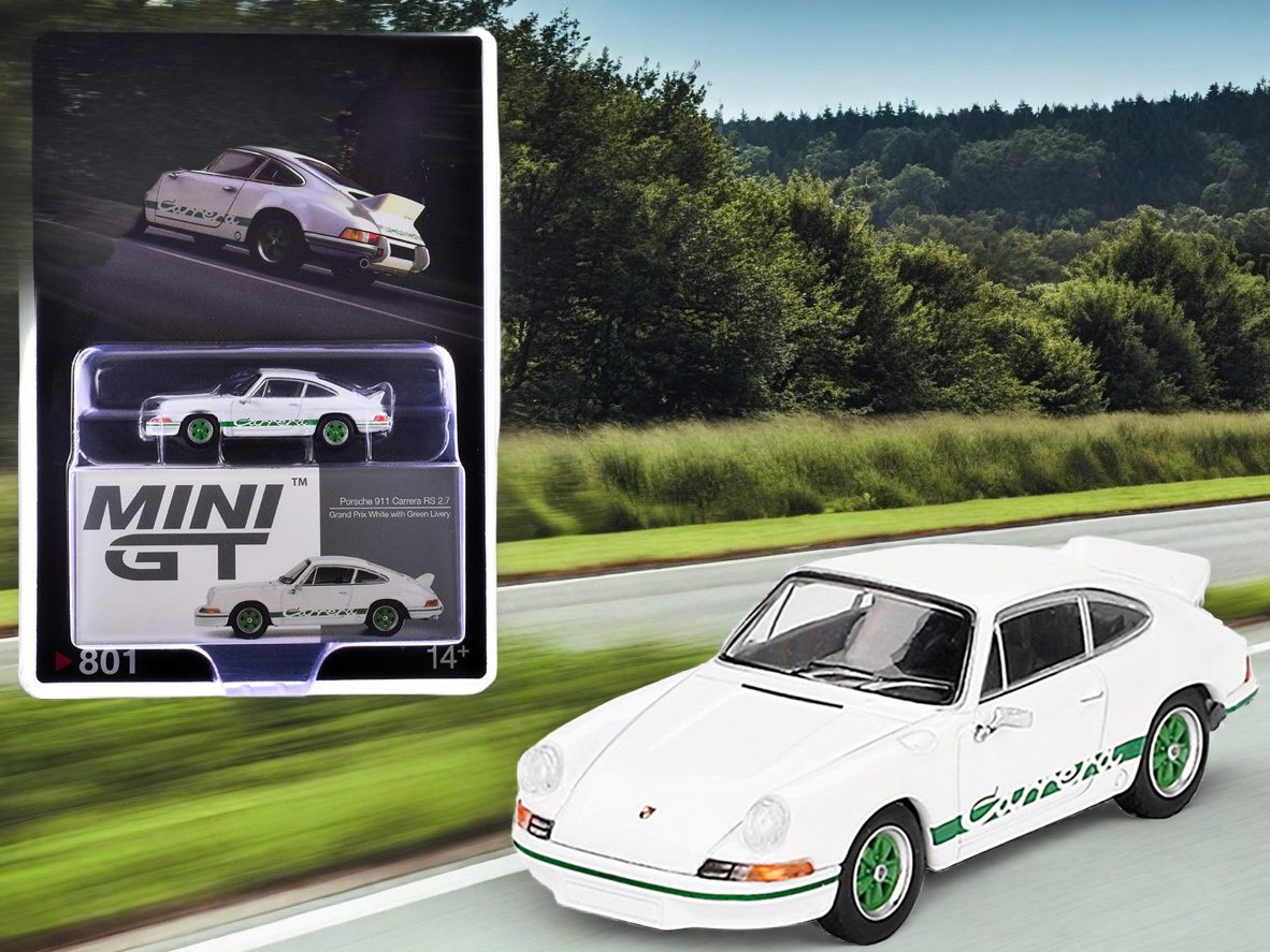 Porsche 911 Carrera RS 2.7 Grand Prix White with Green Stripes and Wheels Limited Edition 1/64 Diecast Model Car by Mini GT - Use code SHOPAPP15 to get 15 percent off