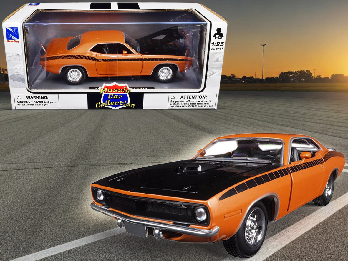 1970 Plymouth Cuda Orange with Black Hood and Stripes 1/25 Diecast Model Car by New Ray