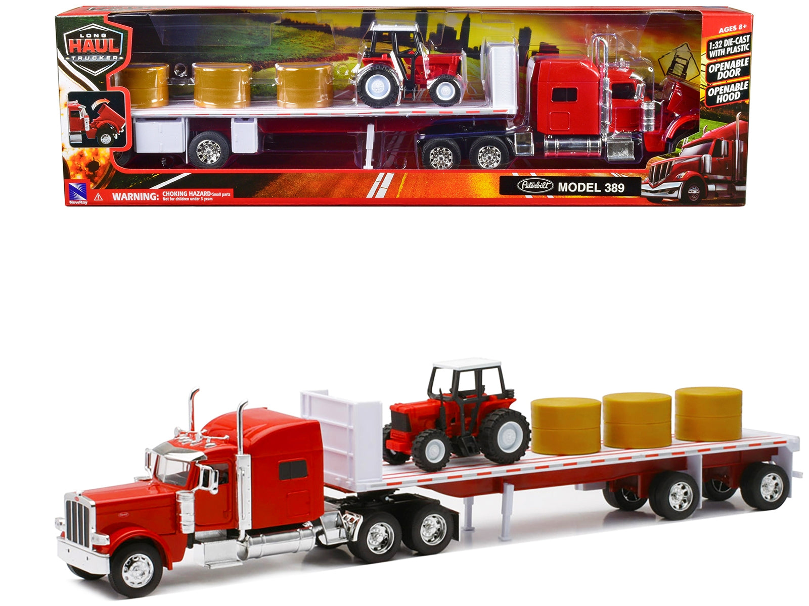 Peterbilt 389 Flatbed Truck Red with Farm Tractor Red and Hay Bales "Long Haul Trucker" Series 1/32 Diecast Model by New Ray - Premium Peterbilt Models from New Ray - Just $68.68! Shop now at Rapidvehicles