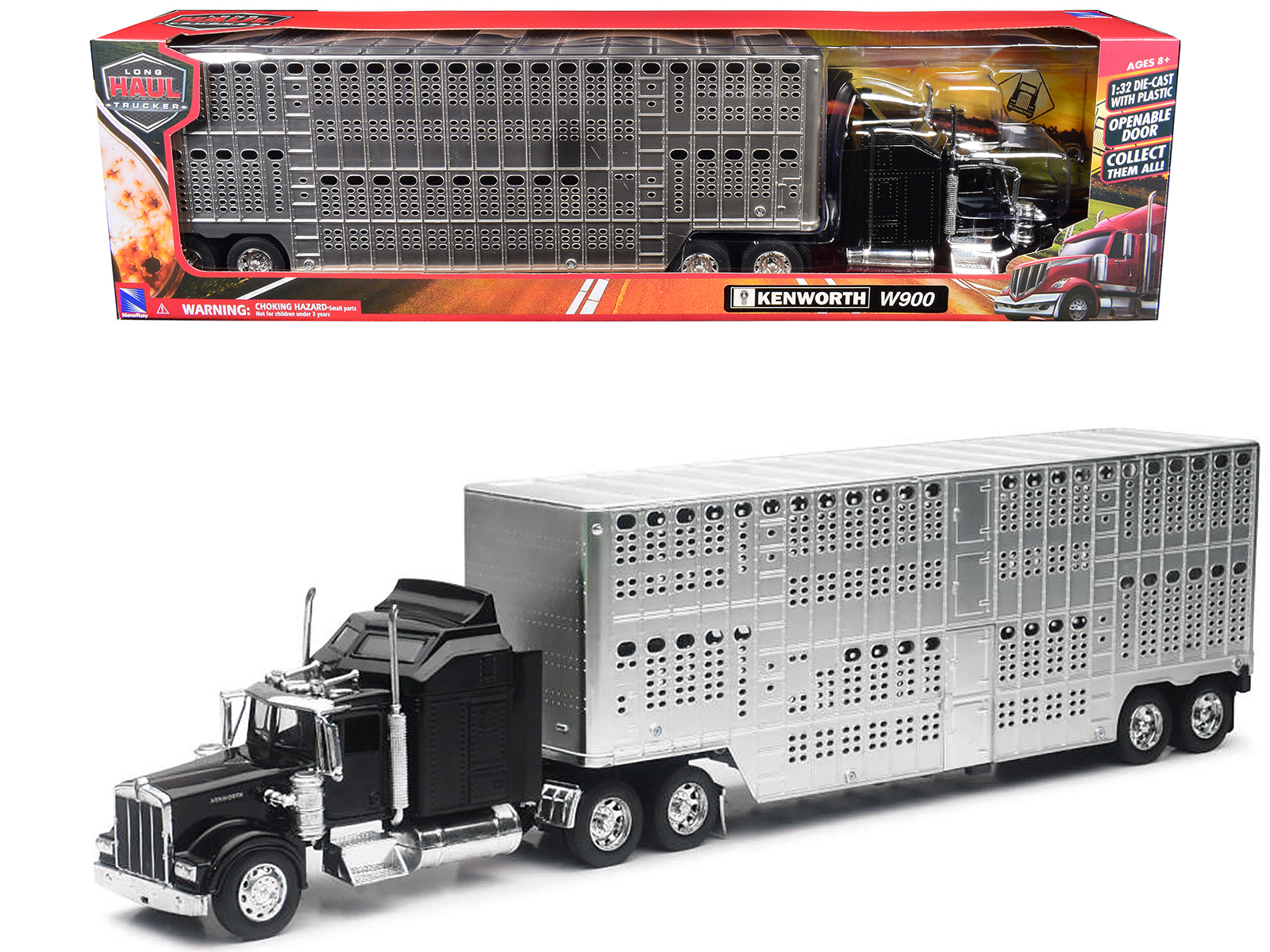 Kenworth W900 Truck Black with Pot Belly Livestock Chrome "Long Haul Truckers" Series 1/32 Diecast Model by New Ray free shipping USA