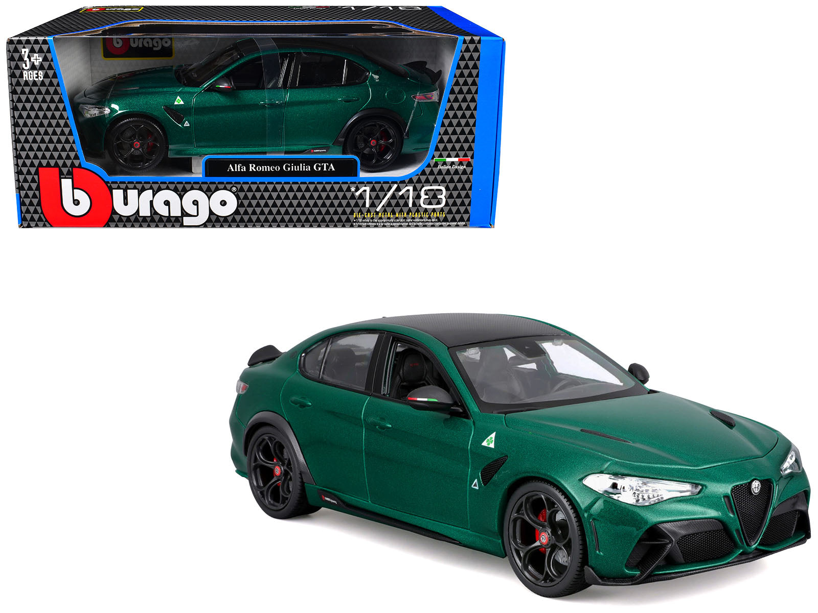 Alfa Romeo Giulia GTA Green Metallic with Carbon Top 1/18 Diecast Model Car by Bburago free shipping USA
