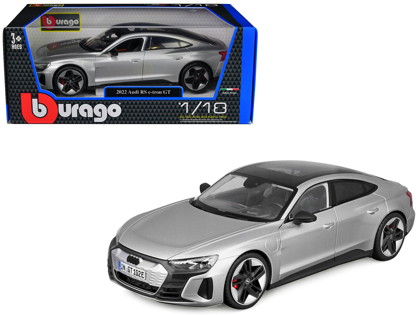 2022 Audi RS e-tron GT Silver Metallic with Sunroof 1/18 Diecast Model Car by Bburago free shipping USA