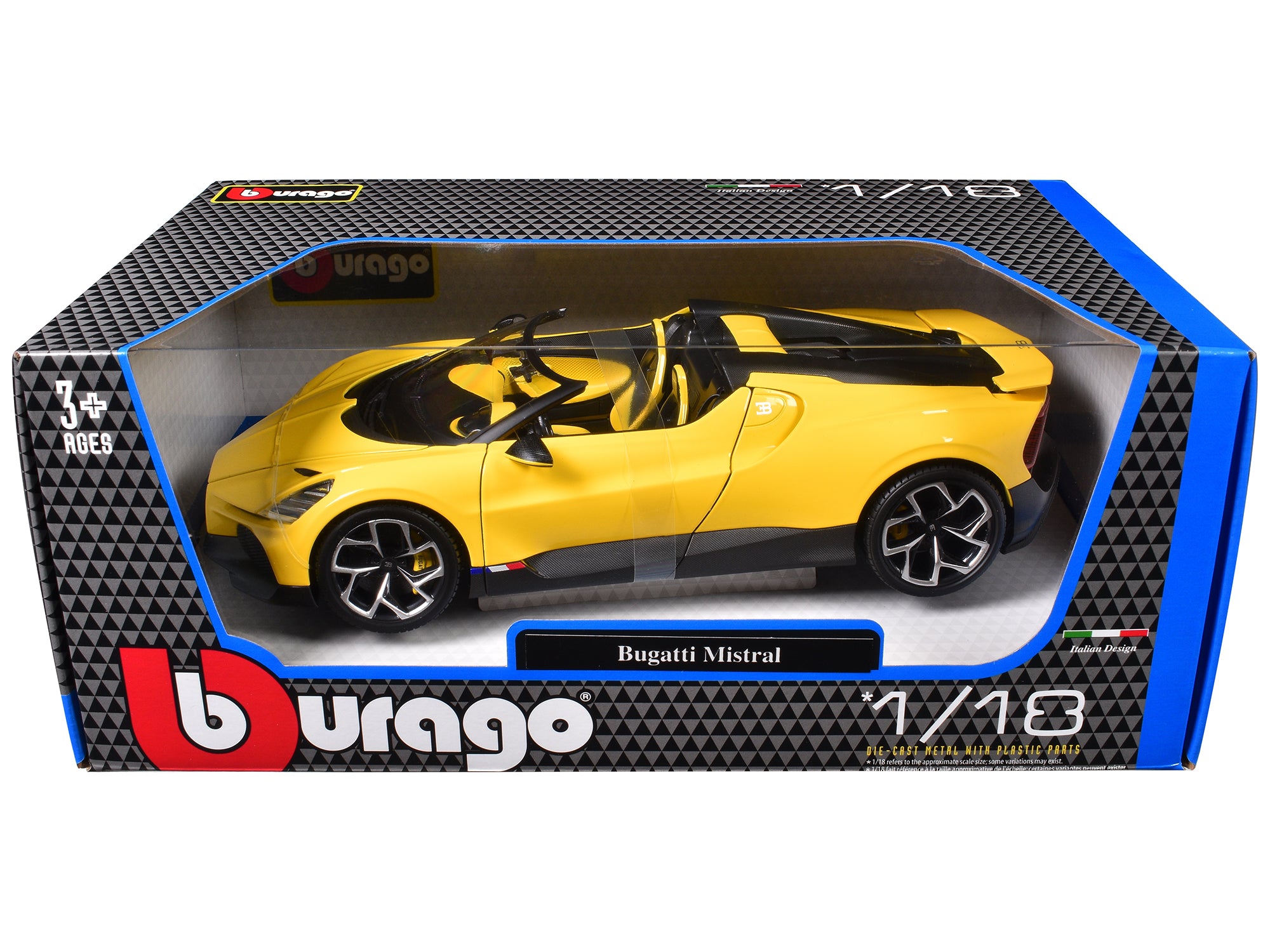 Bugatti Mistral Yellow with Carbon Accents 1/18 Diecast Model Car by Bburago free shipping USA