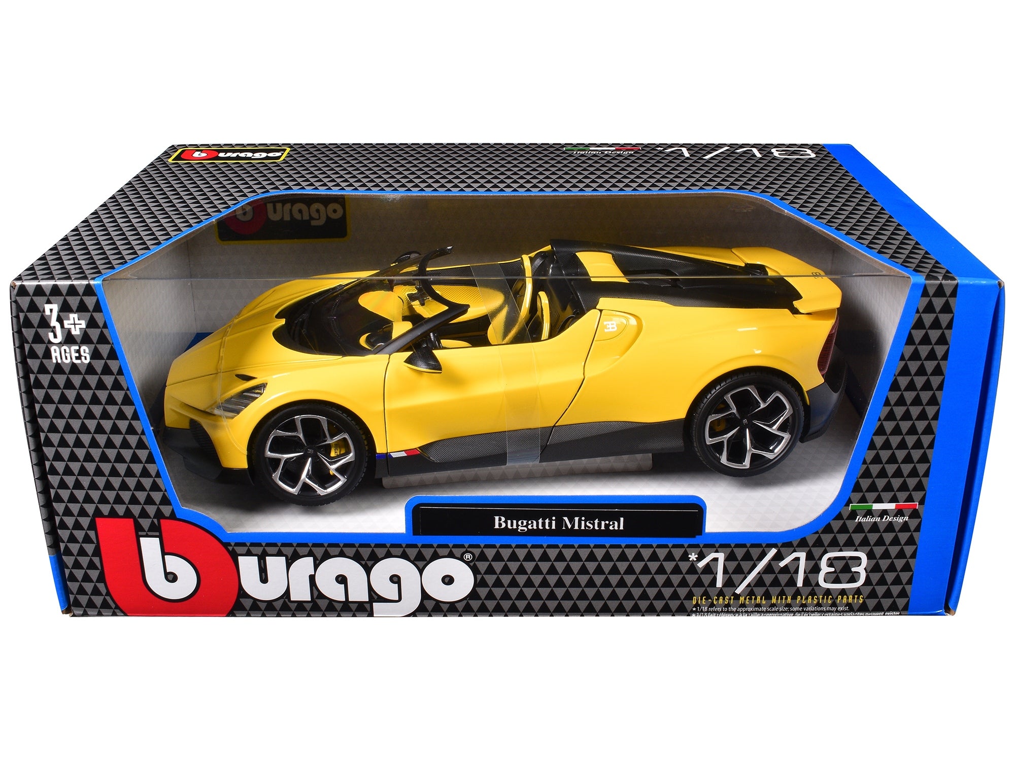 Bugatti Mistral Yellow with Carbon Accents 1/18 Diecast Model Car by Bburago - Premium Bugatti Models from Bburago - Just $77.99! Shop now at Rapidvehicles