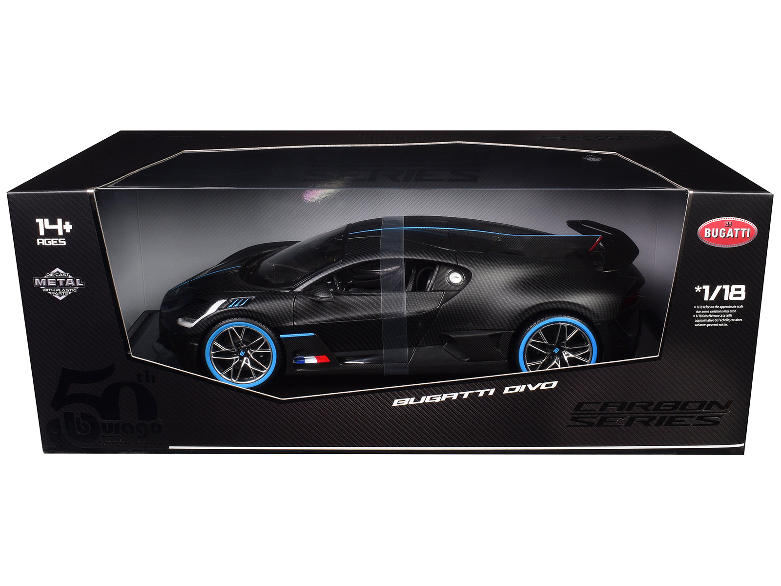 Bugatti Divo Carbon Fiber with Blue Accents "Carbon Series - Bburago 50th Anniversary" 1/18 Diecast Model Car by Bburago free shipping USA