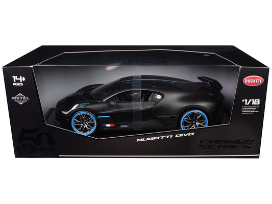 Bugatti Divo Carbon Fiber with Blue Accents "Carbon Series - Bburago 50th Anniversary" 1/18 Diecast Model Car by Bburago