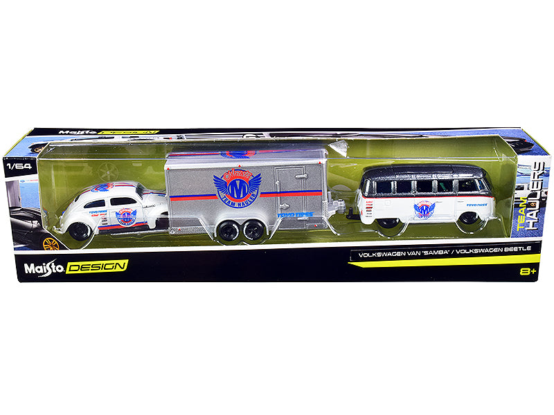 Volkswagen Samba Bus Dark Gray Metallic and White with Volkswagen Beetle White Metallic and Enclosed Car Trailer Silver "Toyo Tires" "Team Haulers" Series 1/64 Diecast Model Cars by Maisto free shipping USA