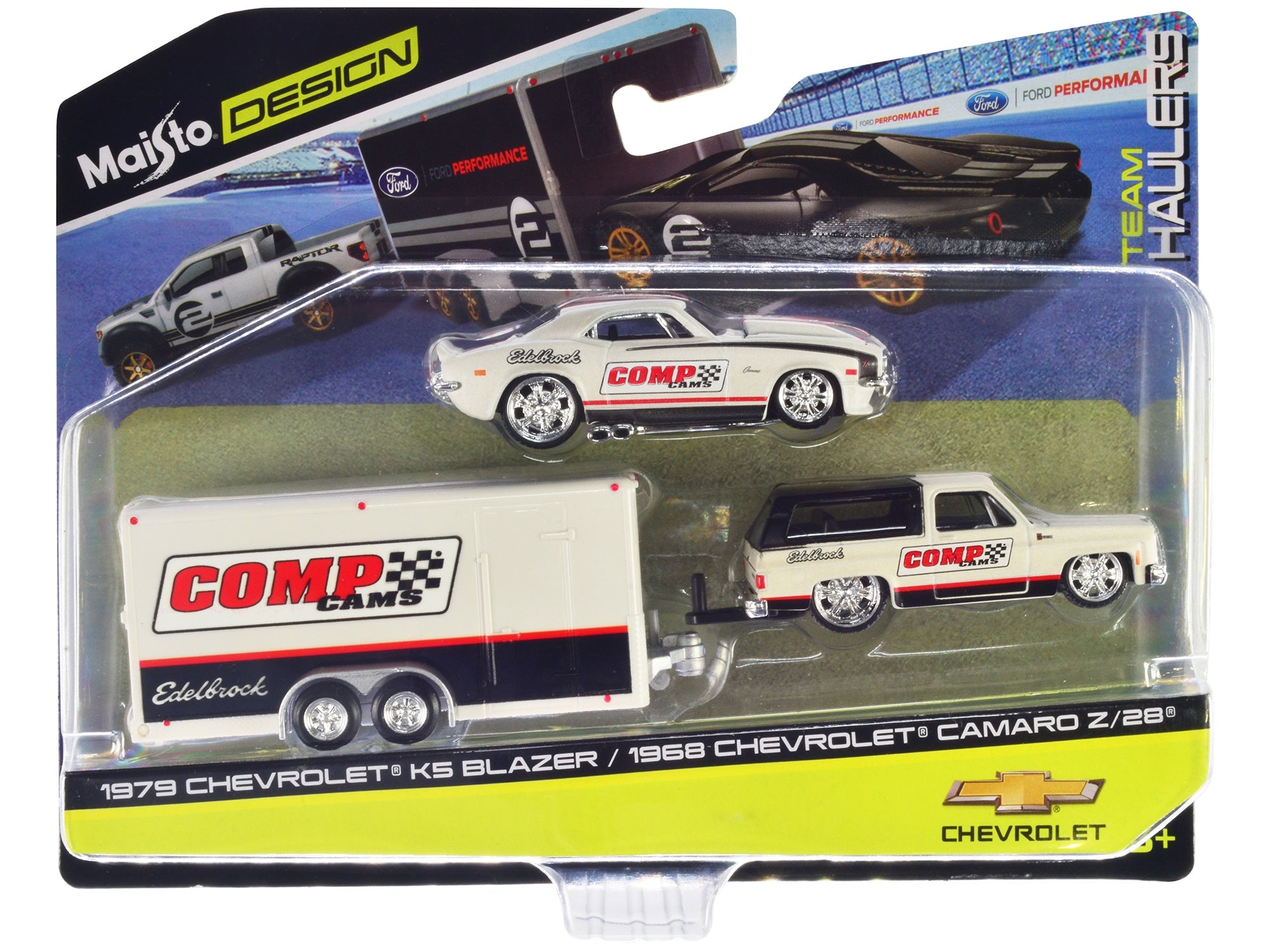 1979 Chevrolet K5 Blazer White and Black and 1968 Chevrolet Camaro Z/28 White with Stripes with Enclosed Car Trailer "Comp Cams - Edlebrock" "Team Haulers" Series 1/64 Diecast Model Car by Maisto - Premium 1/64 Scale Sets from Maisto - Just $50.72! Shop now at Rapidvehicles