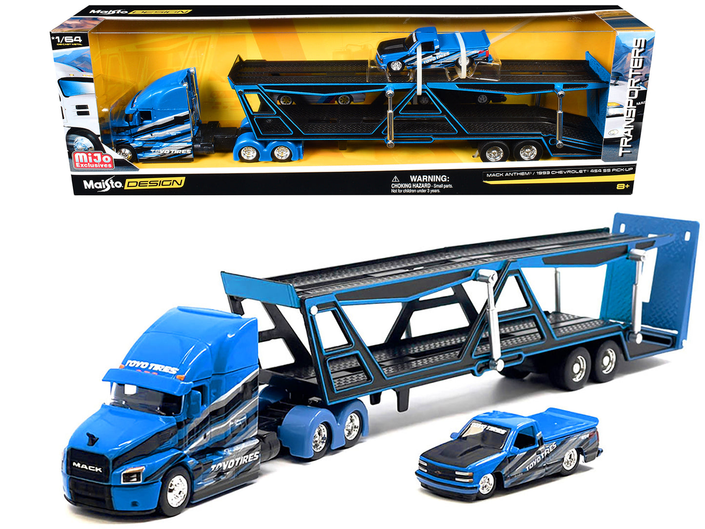 Mack Anthem Open Car Hauler Blue with Graphics and 1993 Chevrolet 454 SS Pickup Truck Blue with Graphics "Toyo Tires" "Transporters" Series 1/64 Diecast Models by Maisto