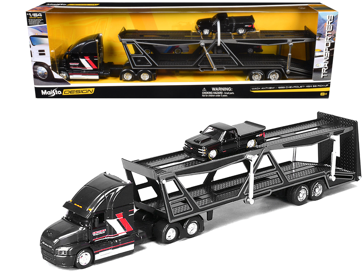 Mack Anthem Open Car Hauler Black with Red and White Stripes "Kenzie's Transport Services" and 1993 Chevrolet 454 SS Pickup Truck Black "Transporters" Series 1/64 Diecast Models by Maisto - Use code SHOPAPP15 to get 15 percent off