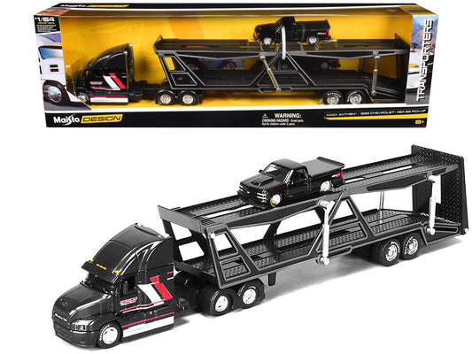 Mack Anthem Open Car Hauler Black with Red and White Stripes "Kenzie's Transport Services" and 1993 Chevrolet 454 SS Pickup Truck Black "Transporters" Series 1/64 Diecast Models by Maisto - Use code SHOPAPP15 to get 15 percent off