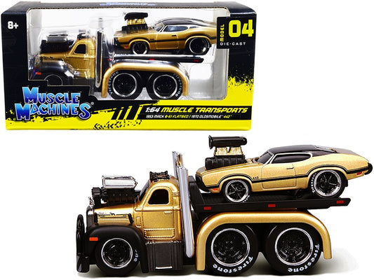 1953 Mack B-61 Flatbed Truck Gold and 1970 Oldsmobile 442 Gold - Premium 1/64 Scale Sets from Muscle Machines - Just $35.99! Shop now at Rapidvehicles