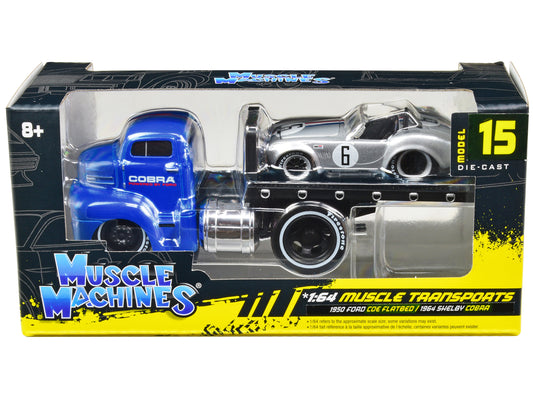 1950 Ford COE Flatbed Truck Blue "Cobra Powered by Ford" and 1964 Shelby Cobra #6 Silver Metallic with Stripes "Muscle Transports" Series 1/64 Diecast Model Cars by Muscle Machines free shipping USA