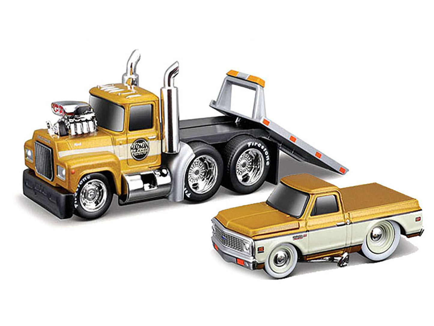 1980 Mack A685ST Flatbed Truck Gold Metallic with Beige Stripes - Premium 1/64 Scale Sets from Muscle Machines - Just $29.11! Shop now at Rapidvehicles