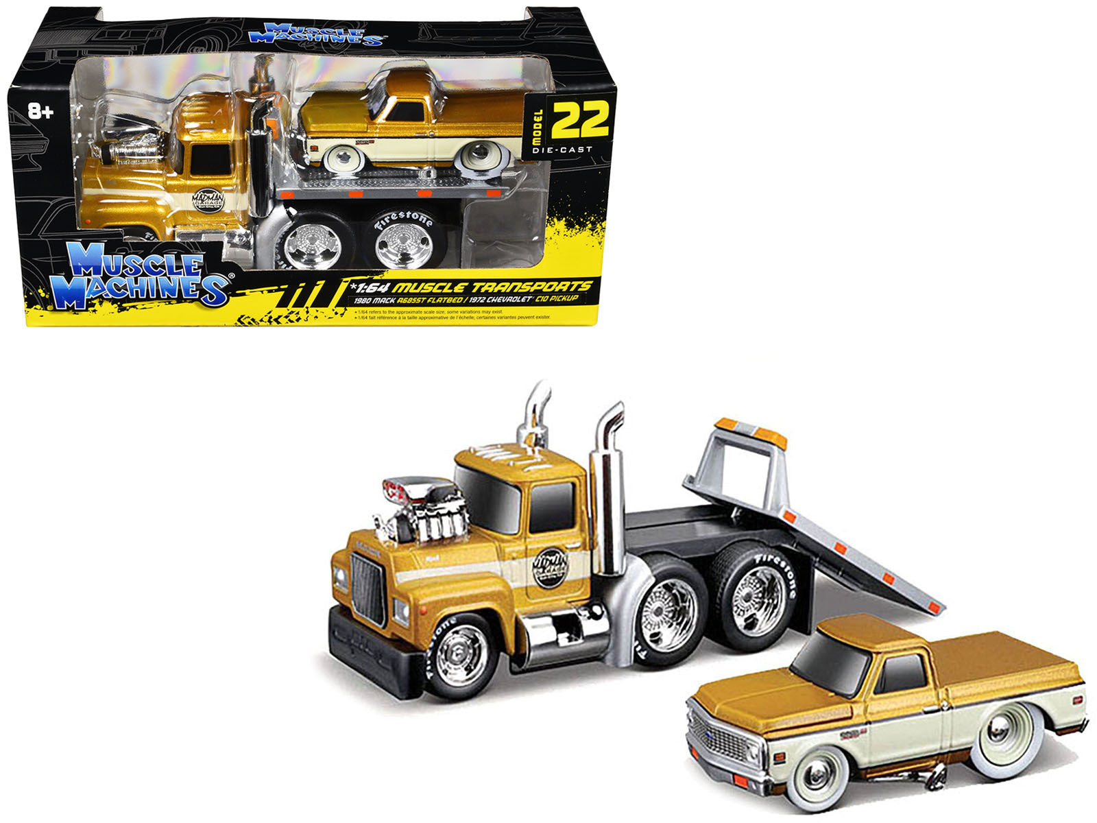 1980 Mack A685ST Flatbed Truck Gold Metallic with Beige Stripes "Madman Garage" and 1972 Chevrolet C10 Pickup Truck Gold Metallic and Beige "Muscle Transports" Series 1/64 Diecast Models by Muscle Machines - Premium 1/64 Scale Sets from Muscle Machines - Just $31.53! Shop now at Rapidvehicles