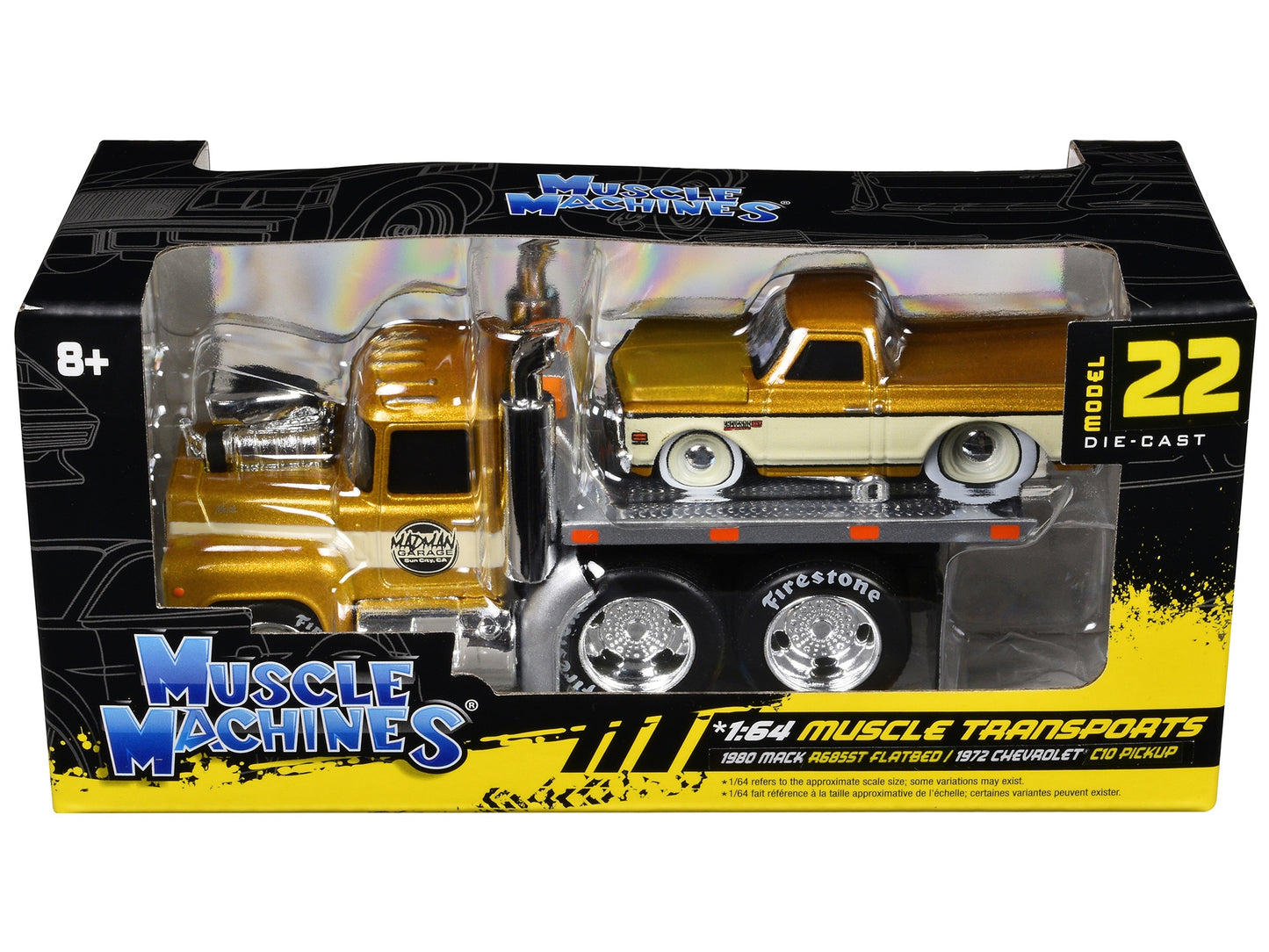 1980 Mack A685ST Flatbed Truck Gold Metallic with Beige Stripes - Premium 1/64 Scale Sets from Muscle Machines - Just $29.11! Shop now at Rapidvehicles