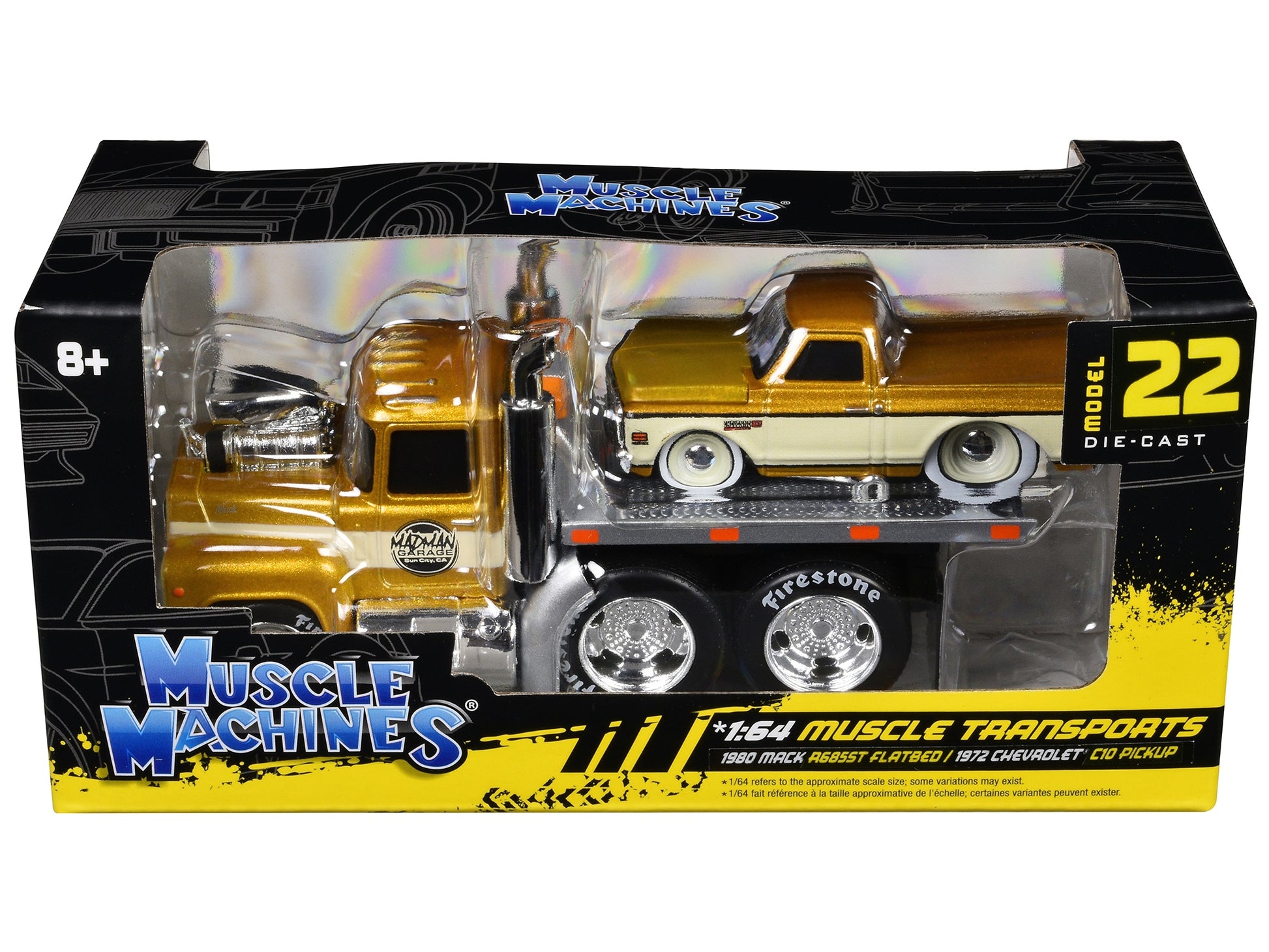 1980 Mack A685ST Flatbed Truck Gold Metallic with Beige Stripes - Premium 1/64 Scale Sets from Muscle Machines - Just $29.11! Shop now at Rapidvehicles