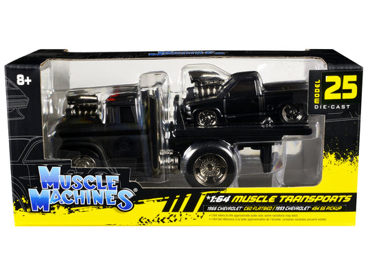 1966 Chevrolet C60 Flatbed Truck Matt Black and 1993 Chevrolet 454 SS Pickup Truck Matt Black "Muscle Transports" Series 1/64 Diecast Models by Muscle Machines free shipping USA