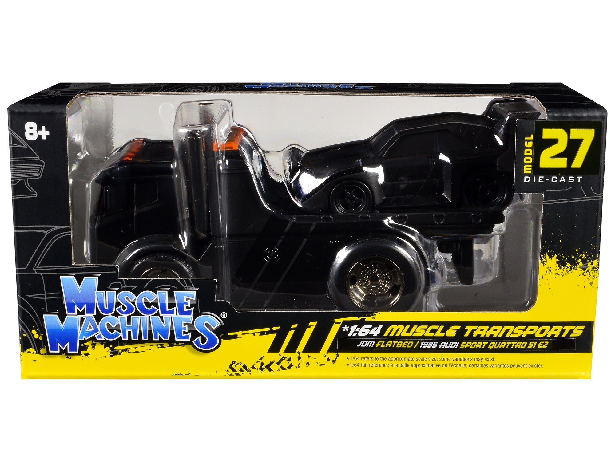 JDM Flatbed Truck Matt Black and 1986 Audi Sport Quattro S1 E2 Matt Black "Muscle Transports" Series 1/64 Diecast Models by Muscle Machines free shipping USA