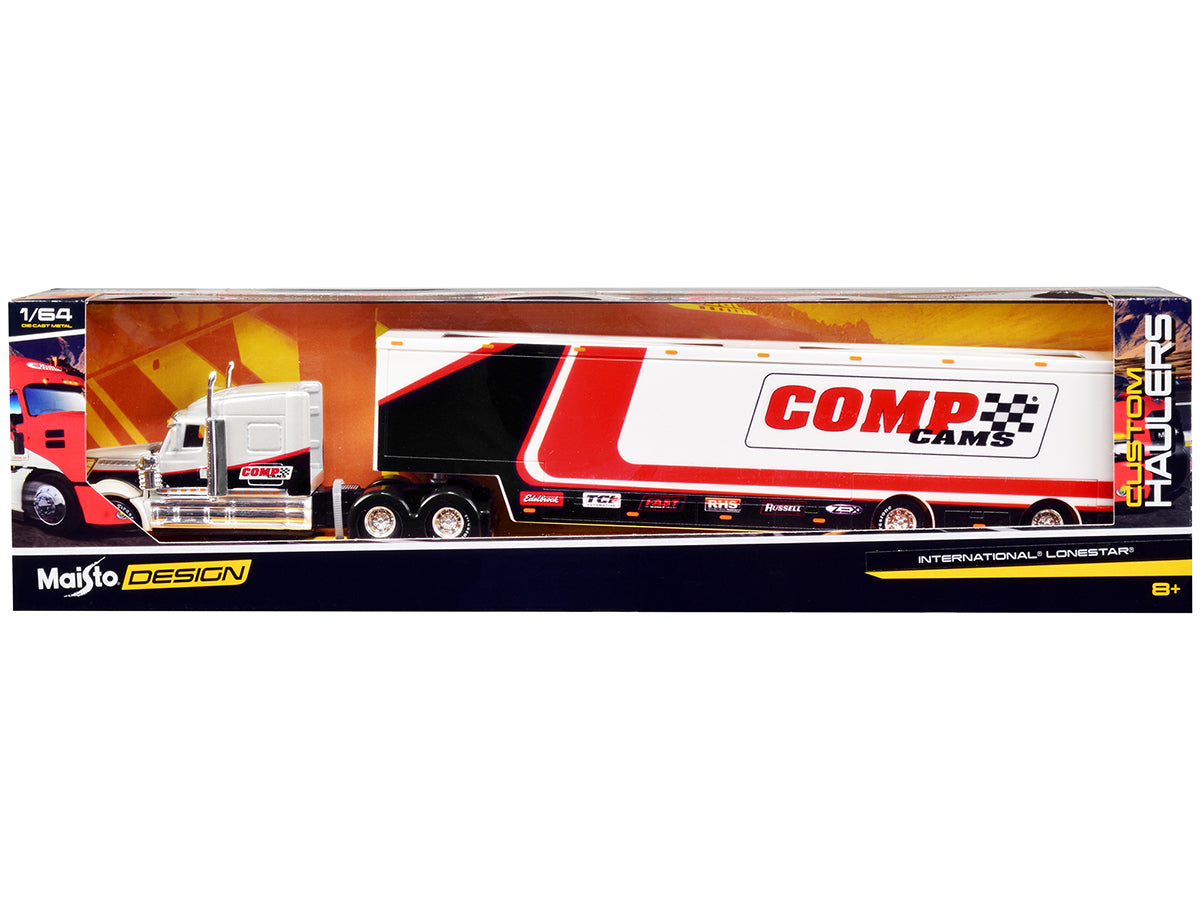 International LoneStar Enclosed Car Transporter "Comp Cams" White and Black with Stripes "Custom Haulers" Series 1/64 Diecast Model by Maisto free shipping USA
