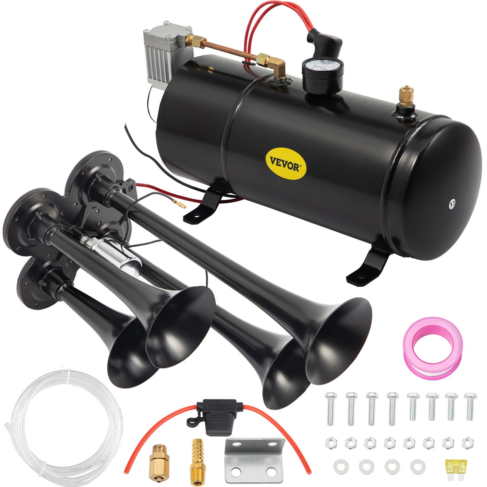 VEVOR 150DB Train Horns Kit for Trucks Super Loud with 120 PSI 12V Air Compressor 4 Trumpet Air Horn Compressor Tank For Any Vehicle Trucks Car Jeep Or SUV (Black) 0.8 Gal/3L - Premium Train Horn Kit from VEVOR - Just $90.99! Shop now at Rapidvehicles