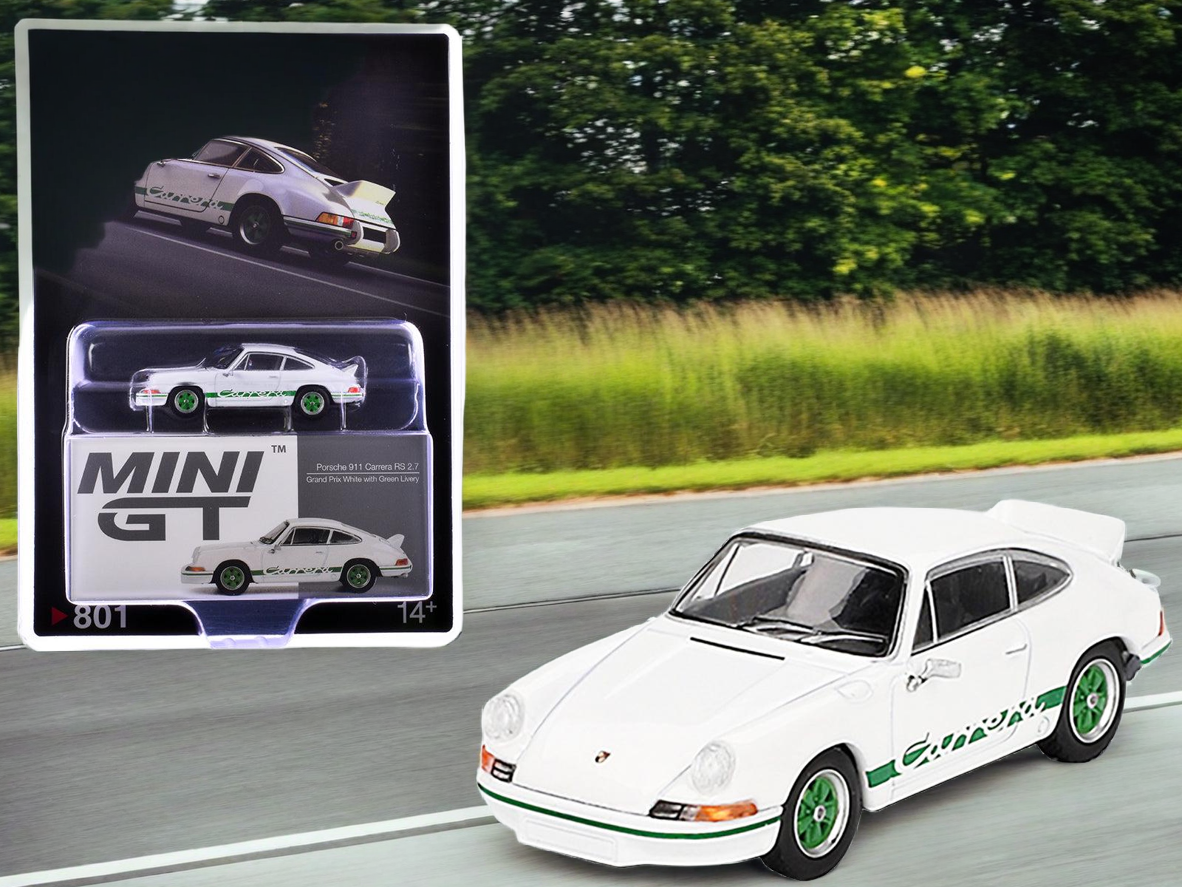 Porsche 911 Carrera RS 2.7 Grand Prix White with Green Stripes and Wheels Limited Edition 1/64 Diecast Model Car by Mini GT - Use code SHOPAPP15 to get 15 percent off