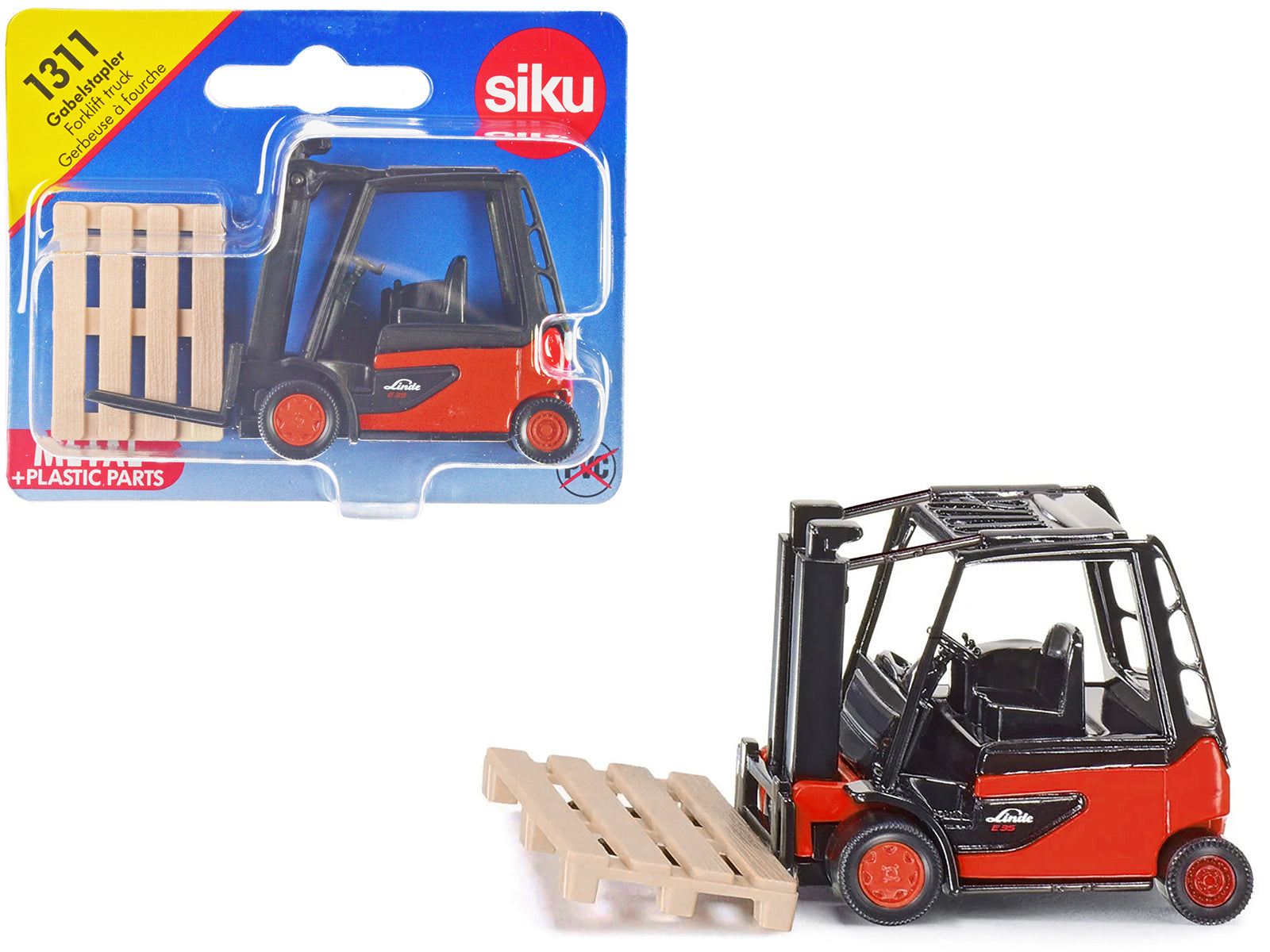 Linde E35 Forklift Truck Red with Black Top with Pallet Accessory Diecast Model by Siku free shipping USA